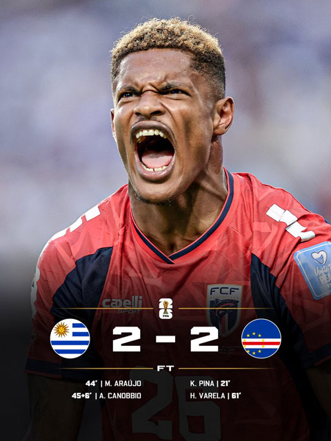 อุรุกวัย 2-2 เคปเวอร์เด: แมตช์ประวัติศาสตร์ ผลการแข่งขันนัดสุดท้ายระหว่างอุรุกวัยกับเคปเวอร์เด