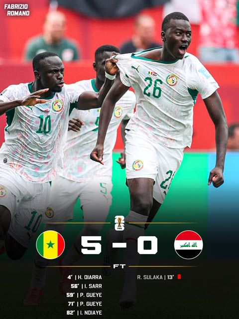 เซเนกัล 5-0 อิรัก: ตัวแทนจากเอเชียตกรอบฟุตบอลโลกด้วยความพ่ายแพ้อย่างหนัก ผลการแข่งขันนัดสุดท้ายของเซเนกัลกับอิรัก